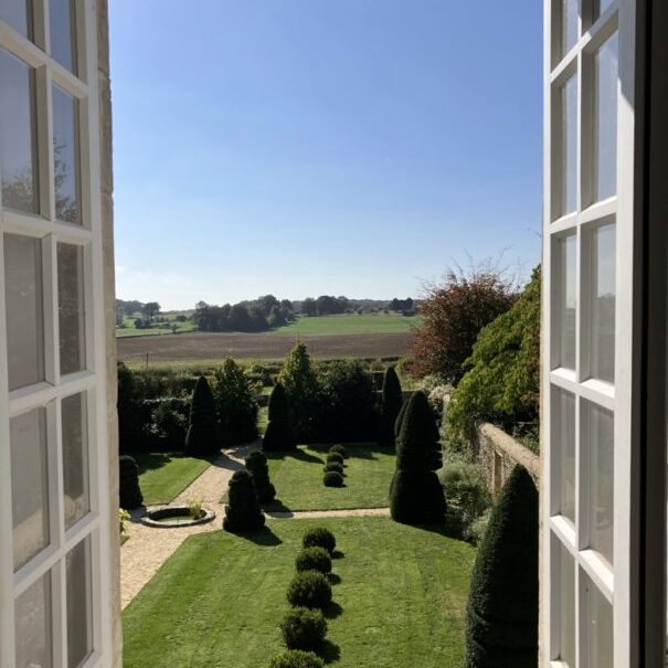 View of the garden from the suite the topiaries